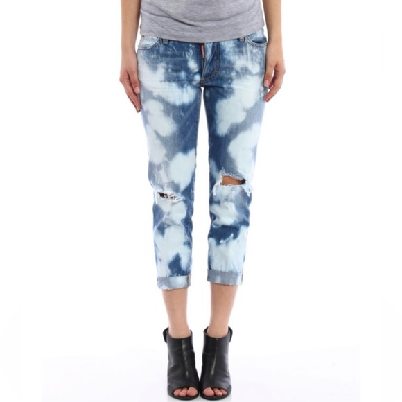Dsquared2 “Glam Head” Blue Tie Dye Cropped Distressed Jeans Size 42 Or US 6 NWT - Picture 1 of 16